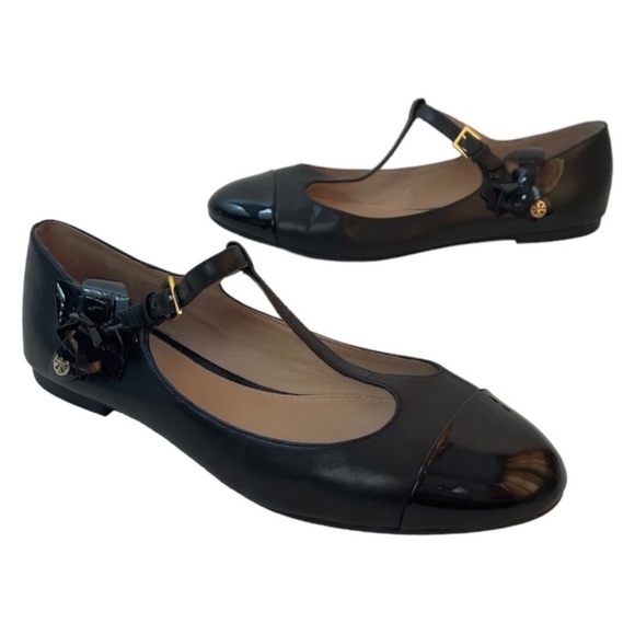 Tory Burch Shoes - Tory Burch ‘Blossom' Black Leather Captoe T-Strap Mary Jane Flat